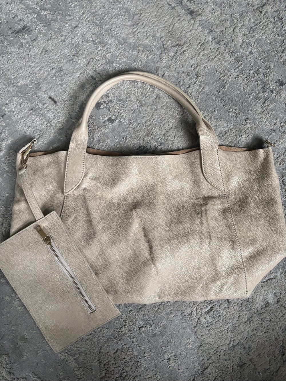 Made in Italy Pebbled Leather Tote in Light Beige with Detachable Pouch